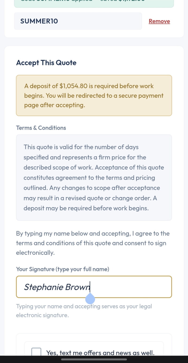 A signed quote on the public client-facing page