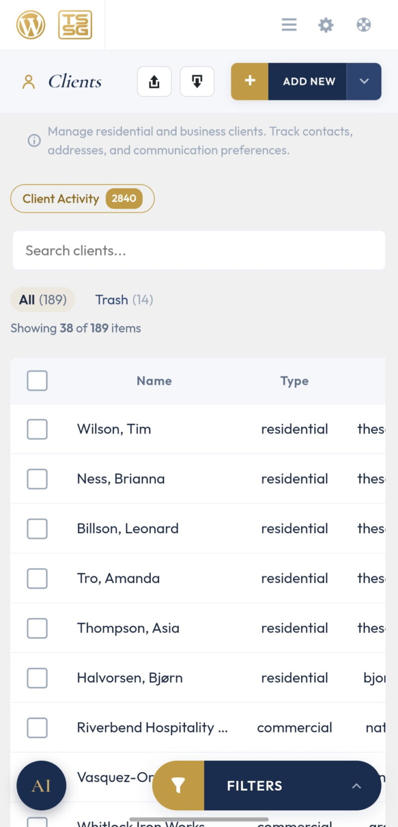 The client list with status tabs and filters