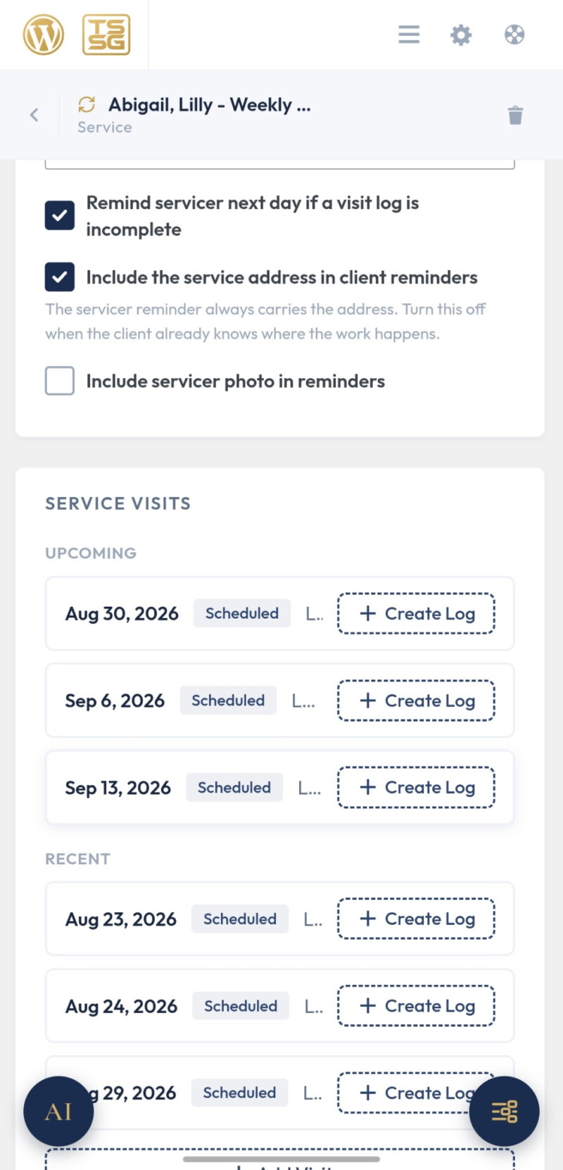 A recurring service job with generated visits