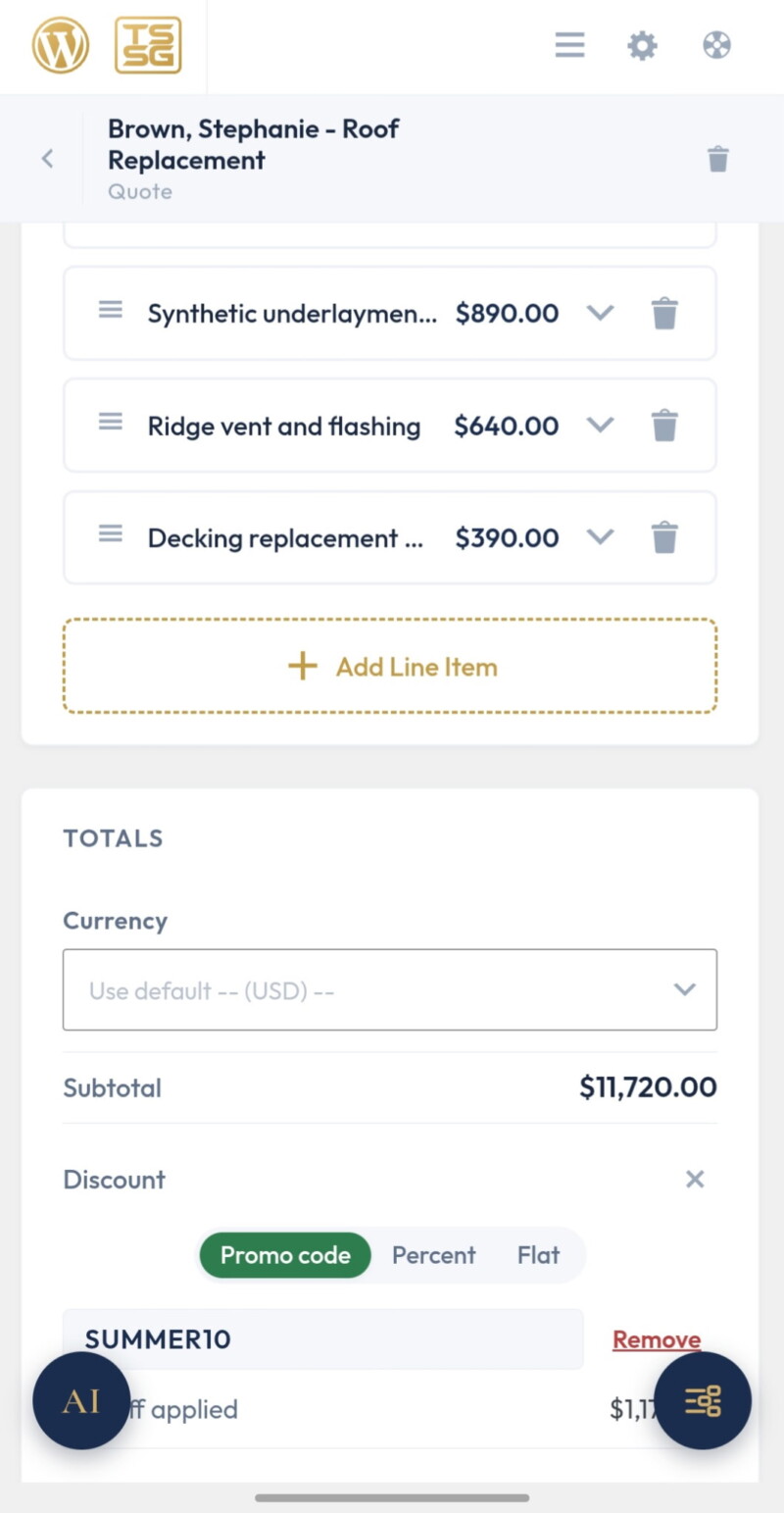 The proposal editor with line items, deposit, and discount