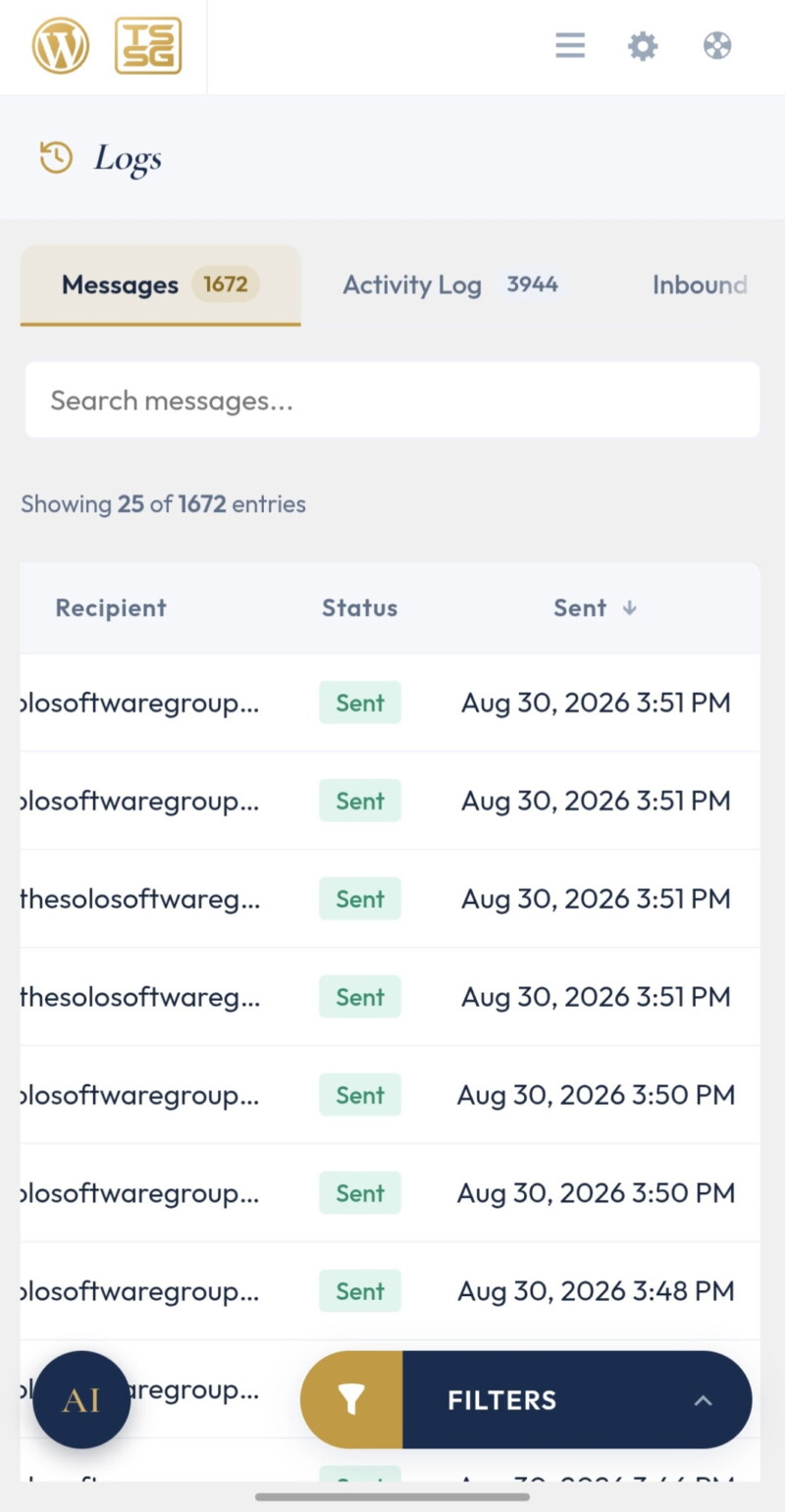 The message log with per-send delivery statuses