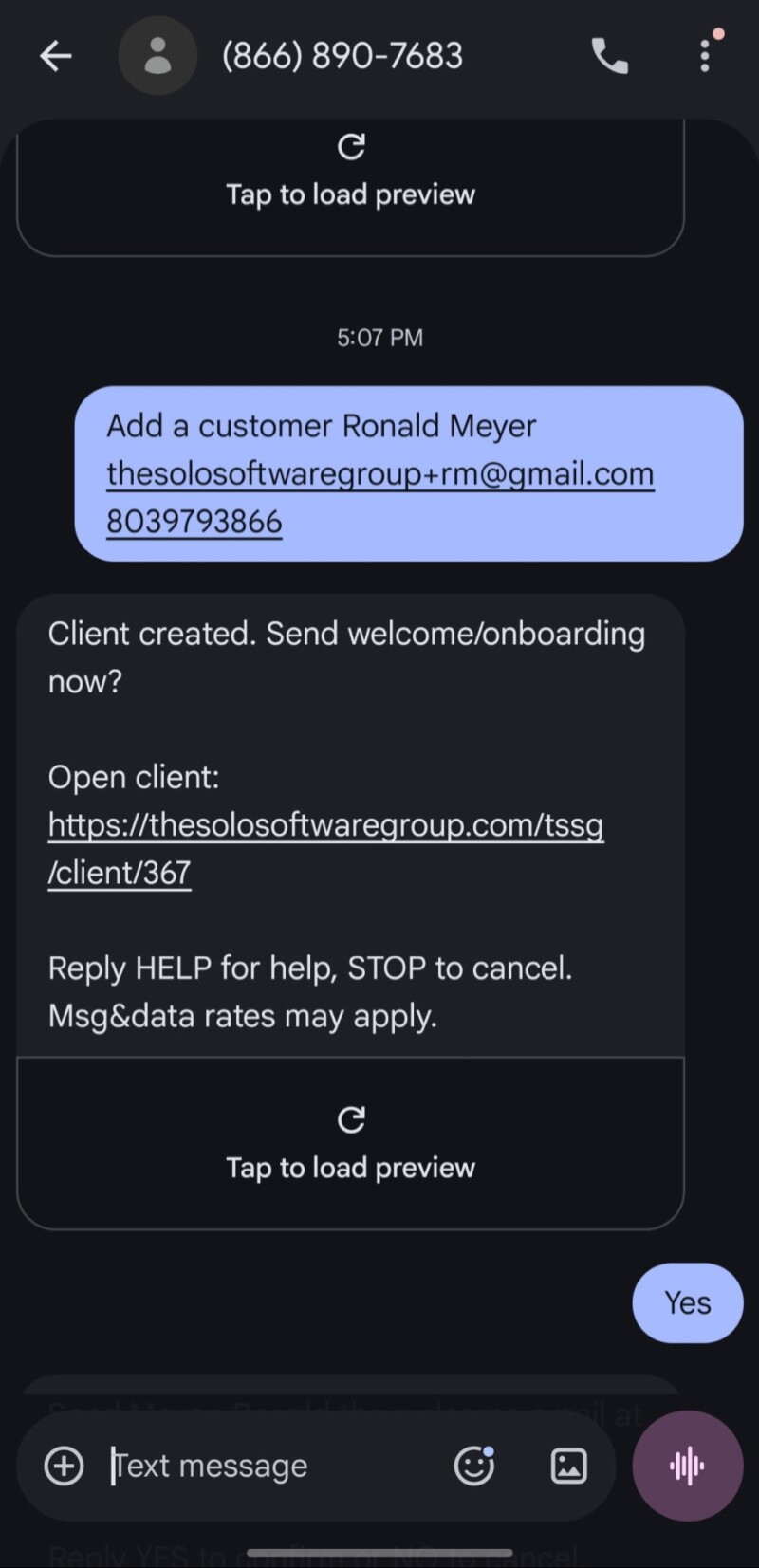 The AI assistant answering over text message